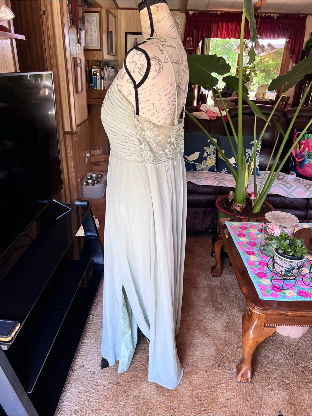 Azazie Ginger Dusty Sage A-Line Halter Pleated Chiffon Dress. - Picture 7 of 16